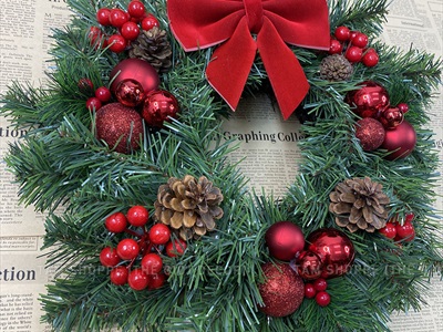 Vòng nguyệt quế Noel cổ điển nơ đỏ ĐK 40-50cm VNGQ-X-47